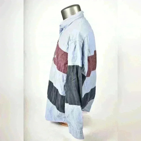 90s TOMMY HILFIGER JEANS Blue Cotton Chambray  Patchwork Oversized Shirt Medium - Picture 3 of 9